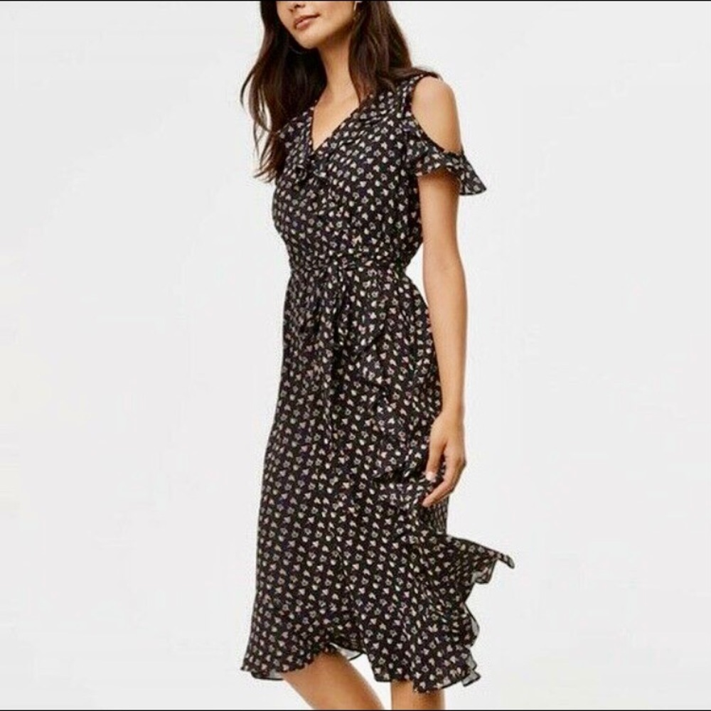 Ann Taylor Loft Cold Shoulder Floral Dress with Feminine Ruffles | Size: Medium